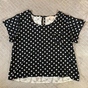 Monteau Juniors Large Blouse Shirt Short Sleeve Black Poka Dot Sheer Floral Lace